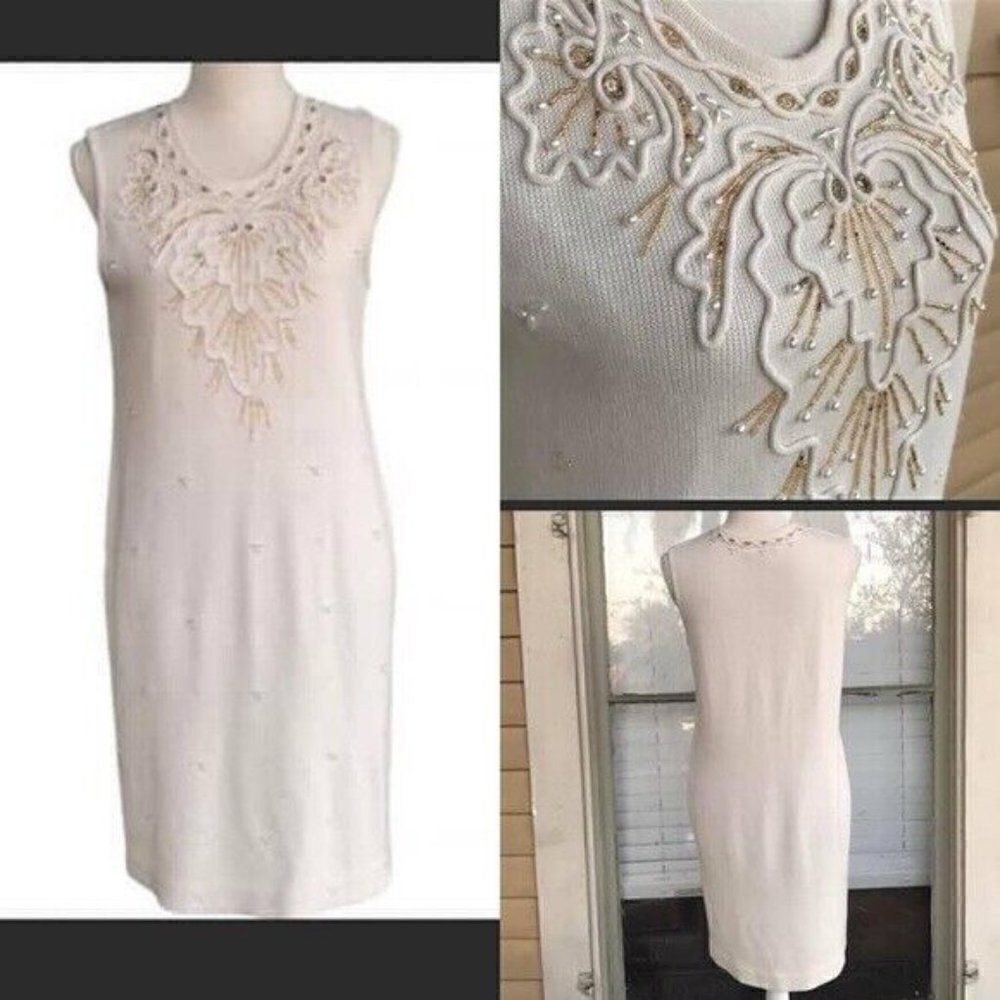 Vintage Wool Blend Womens Embroidered Beaded Sleeveless dress Size M Mid-Length